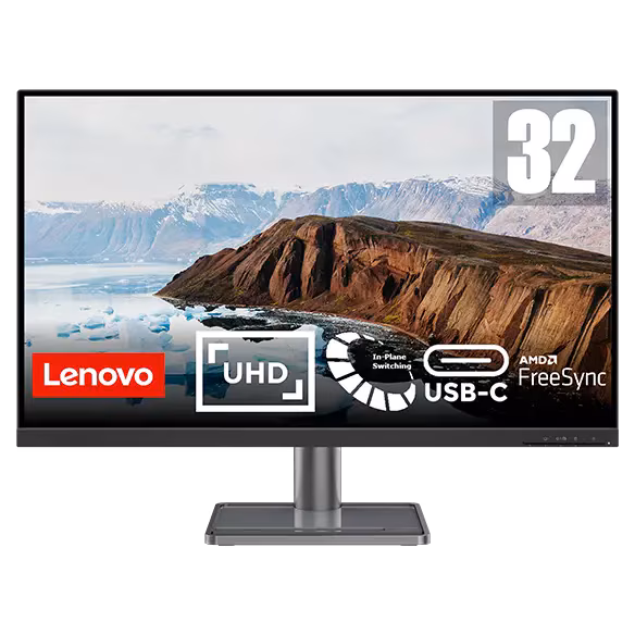 Front view of Lenovo L32p-30 31.5" 4K UHD Monitor in Raven Black finish Side profile showcasing the slim design and ergonomic stand of the Lenovo L32p-30 Monitor Rear view displaying HDMI, DisplayPort, USB-C, and USB ports on the Lenovo L32p-30 Lenovo L32p-30 Monitor on a professional desk setup with vibrant 4K display Close-up of the monitor's adjustable stand mechanisms Packaging contents including Lenovo L32p-30 monitor, cables, and setup guide