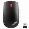 Top view of Lenovo ThinkPad Essential Wireless Mouse in black color. Side profile showcasing the ergonomic design of the Lenovo ThinkPad Essential Wireless Mouse. Bottom view highlighting the optical sensor and battery compartment. Lenovo ThinkPad Essential Wireless Mouse connected via Nano USB receiver. Packaging contents including mouse, USB receiver, and AA battery. Lenovo ThinkPad Essential Wireless Mouse in use with a laptop setup.