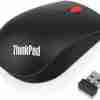 Top view of Lenovo ThinkPad Essential Wireless Mouse in black color. Side profile showcasing the ergonomic design of the Lenovo ThinkPad Essential Wireless Mouse. Bottom view highlighting the optical sensor and battery compartment. Lenovo ThinkPad Essential Wireless Mouse connected via Nano USB receiver. Packaging contents including mouse, USB receiver, and AA battery. Lenovo ThinkPad Essential Wireless Mouse in use with a laptop setup.