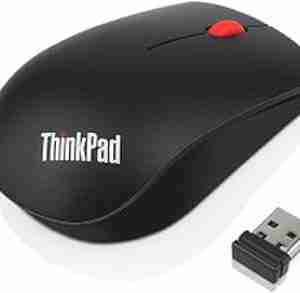 Top view of Lenovo ThinkPad Essential Wireless Mouse in black color. Side profile showcasing the ergonomic design of the Lenovo ThinkPad Essential Wireless Mouse. Bottom view highlighting the optical sensor and battery compartment. Lenovo ThinkPad Essential Wireless Mouse connected via Nano USB receiver. Packaging contents including mouse, USB receiver, and AA battery. Lenovo ThinkPad Essential Wireless Mouse in use with a laptop setup.