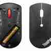 Top view of Lenovo ThinkPad Essential Wireless Mouse in black color. Side profile showcasing the ergonomic design of the Lenovo ThinkPad Essential Wireless Mouse. Bottom view highlighting the optical sensor and battery compartment. Lenovo ThinkPad Essential Wireless Mouse connected via Nano USB receiver. Packaging contents including mouse, USB receiver, and AA battery. Lenovo ThinkPad Essential Wireless Mouse in use with a laptop setup.
