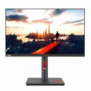 Front view of Lenovo ThinkVision P24h-30 23.8" QHD Monitor in Raven Black finish Side profile showcasing the slim design and ergonomic stand of the Lenovo P24h-30 Monitor Rear view displaying USB-C, HDMI, DisplayPort, and Ethernet ports on the Lenovo P24h-30 Lenovo P24h-30 Monitor on a professional desk setup with vibrant QHD display Close-up of the monitor's adjustable stand mechanisms Packaging contents including Lenovo P24h-30 monitor, cables, and calibration report