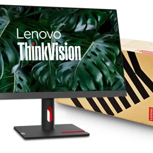 Front view of Lenovo ThinkVision S24i-30 23.8" FHD Monitor in Raven Black finish Side profile showcasing the slim design of the Lenovo S24i-30 Monitor Rear view displaying HDMI and VGA ports on the Lenovo S24i-30 Lenovo S24i-30 Monitor on a desk setup with vibrant display Close-up of Natural Low Blue Light certification badge on screen Packaging contents including Lenovo S24i-30 monitor, HDMI cable, and power adapter
