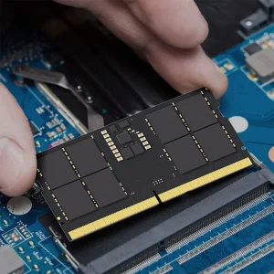 Lexar DDR5 8GB laptop RAM front view Close-up of Lexar RAM contact pins Side profile of Lexar SODIMM module Lexar RAM in protective package Installed Lexar RAM in laptop slot Lexar DDR5 RAM showing label and specs