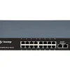 Front view of Secureye 16-Port Gigabit PoE Switch S-16GE-2UG-1UF-300W-NB Side view showing metal chassis with passive cooling design Close-up of LED status indicators and uplink ports Rear view with power input and grounding point Diagram showing PoE cameras and uplink to core switch Mountable desktop/rack switch for IP surveillance deployments