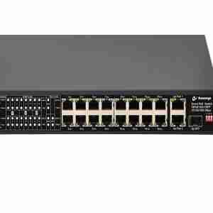 Front view of Secureye 16-Port Gigabit PoE Switch S-16GE-2UG-1UF-300W-NB Side view showing metal chassis with passive cooling design Close-up of LED status indicators and uplink ports Rear view with power input and grounding point Diagram showing PoE cameras and uplink to core switch Mountable desktop/rack switch for IP surveillance deployments