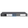 Front view of Secureye 16-port PoE switch with SFP uplinks Secureye S-16GE-M-2UG-LD-AI-VLAN powering multiple IP cameras VLAN and port isolation web interface of Secureye switch Fanless metal housing of Layer 2 managed switch Smart building network diagram using Secureye PoE switch Long-range PoE mode for 250m IP camera deployment