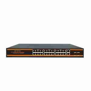 Front view: 24-port Secureye Gigabit PoE switch with uplinks Rear panel: dual SFP slots and power inlet LED indicators showing PoE and link activity Diagram: multiple PoE cameras with uplink to core switch Metal 1U chassis mounted in server rack Close-up of surge protection label and port markings