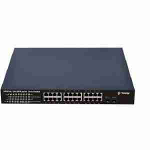 Front view: 24-port Secureye Gigabit PoE switch with uplinks Rear panel: dual SFP slots and power inlet LED indicators showing PoE and link activity Diagram: multiple PoE cameras with uplink to core switch Metal 1U chassis mounted in server rack Close-up of surge protection label and port markings