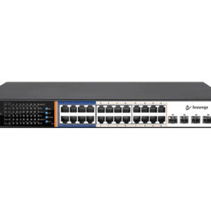 Front view of Secureye 24-port Layer 3 PoE switch with 4 SFP slots Close-up of 24 Gigabit PoE ports and LED indicators SFP uplinks for fibre backbone connections with Secureye switch Diagram showing PoE powering IP cameras and access points Smart VLAN management interface for Secureye switch Rear power supply and cooling vents of Secureye L3 PoE switch