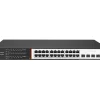 Front view of Secureye 24-port Layer 3 PoE switch with 4 SFP slots Close-up of 24 Gigabit PoE ports and LED indicators SFP uplinks for fibre backbone connections with Secureye switch Diagram showing PoE powering IP cameras and access points Smart VLAN management interface for Secureye switch Rear power supply and cooling vents of Secureye L3 PoE switch