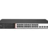 Front view of Secureye 24-port Layer 3 PoE switch with 4 SFP slots Close-up of 24 Gigabit PoE ports and LED indicators SFP uplinks for fibre backbone connections with Secureye switch Diagram showing PoE powering IP cameras and access points Smart VLAN management interface for Secureye switch Rear power supply and cooling vents of Secureye L3 PoE switch