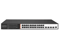 Secureye 24-Port Layer 3 Non-PoE Switch front panel Secureye S-24GE-M-4UF-AI-VLAN-L3-NP with SFP uplinks VLAN segmentation setup on Layer 3 Secureye switch Enterprise switch rackmount installation for Secureye model Back view showing 4 SFP uplink ports of the switch Industrial-grade build of Secureye L3 managed switch