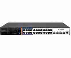 Secureye 24-Port Layer 3 Non-PoE Switch front panel Secureye S-24GE-M-4UF-AI-VLAN-L3-NP with SFP uplinks VLAN segmentation setup on Layer 3 Secureye switch Enterprise switch rackmount installation for Secureye model Back view showing 4 SFP uplink ports of the switch Industrial-grade build of Secureye L3 managed switch