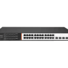 Secureye 24-Port Layer 3 Non-PoE Switch front panel Secureye S-24GE-M-4UF-AI-VLAN-L3-NP with SFP uplinks VLAN segmentation setup on Layer 3 Secureye switch Enterprise switch rackmount installation for Secureye model Back view showing 4 SFP uplink ports of the switch Industrial-grade build of Secureye L3 managed switch