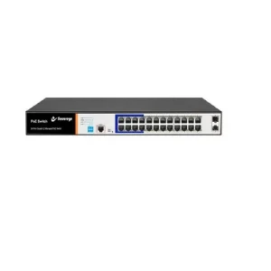 Front panel of Secureye 24-Port Layer 2 PoE switch with combo uplinks Secureye S-24GE-M-UGF-400W-AI-VLAN powering CCTV and IP phones VLAN isolation and extend mode interface on Secureye managed switch Smart fan and surge protection hardware of Secureye switch Rear view showing rack-mount support for 24-port Secureye PoE switch Secure network architecture using Secureye 24-port managed switch
