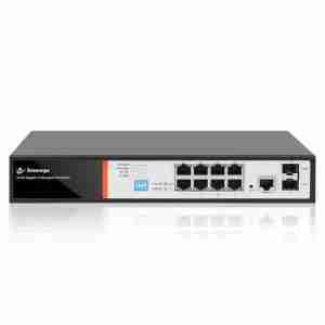 Secureye S-8GE-M-2UG-AI-VLAN front view with 8 PoE ports and 2 SFP slots Close-up of RJ45 and SFP port configuration Web GUI screenshot showing VLAN settings Secureye PoE switch powering IP CCTV setup Top view of compact fanless PoE switch design Smart network diagram using Layer 2 PoE switch with fibre uplinks