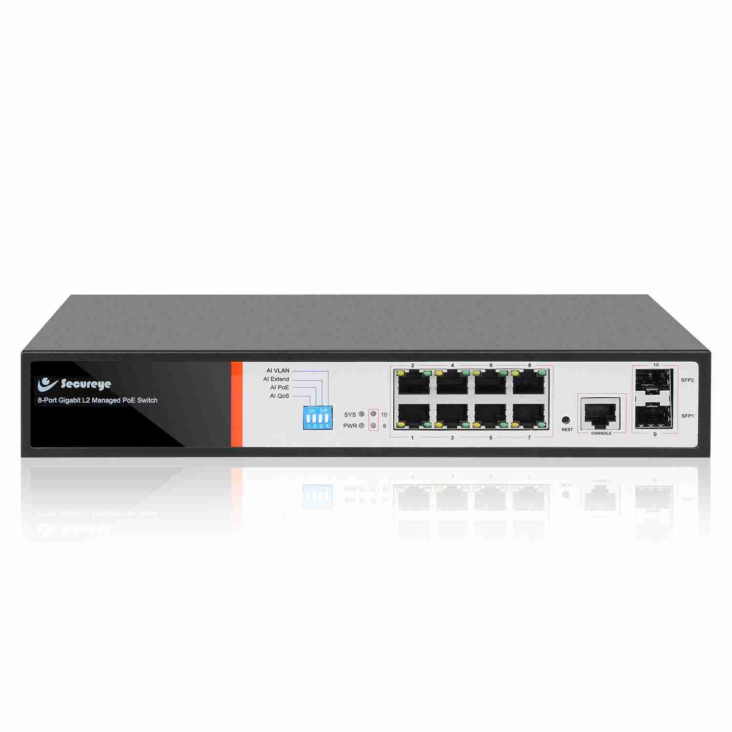 Secureye S-8GE-M-2UG-AI-VLAN front view with 8 PoE ports and 2 SFP slots Close-up of RJ45 and SFP port configuration Web GUI screenshot showing VLAN settings Secureye PoE switch powering IP CCTV setup Top view of compact fanless PoE switch design Smart network diagram using Layer 2 PoE switch with fibre uplinks