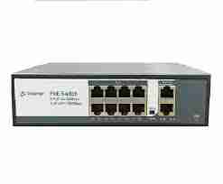 Secureye S-8GE-M-2UG-AI-VLAN front view with 8 PoE ports and 2 SFP slots Close-up of RJ45 and SFP port configuration Web GUI screenshot showing VLAN settings Secureye PoE switch powering IP CCTV setup Top view of compact fanless PoE switch design Smart network diagram using Layer 2 PoE switch with fibre uplinks