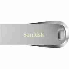 Front view of SanDisk Ultra Luxe 256GB USB flash drive Close-up of USB connector with metallic finish SanDisk Ultra Luxe attached to a keyring Top angle view showing brand and model design Ultra Luxe flash drive in retail packaging Side profile showcasing compact dimensions