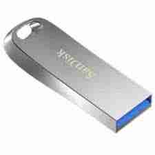Front view of SanDisk Ultra Luxe 256GB USB flash drive Close-up of USB connector with metallic finish SanDisk Ultra Luxe attached to a keyring Top angle view showing brand and model design Ultra Luxe flash drive in retail packaging Side profile showcasing compact dimensions