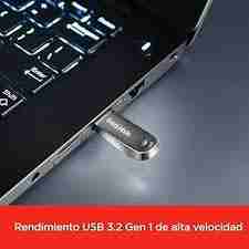 Front view of SanDisk Ultra Luxe 256GB USB flash drive Close-up of USB connector with metallic finish SanDisk Ultra Luxe attached to a keyring Top angle view showing brand and model design Ultra Luxe flash drive in retail packaging Side profile showcasing compact dimensions