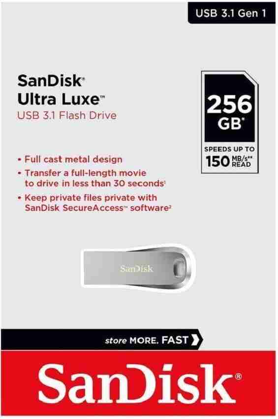 Front view of SanDisk Ultra Luxe 256GB USB flash drive Close-up of USB connector with metallic finish SanDisk Ultra Luxe attached to a keyring Top angle view showing brand and model design Ultra Luxe flash drive in retail packaging Side profile showcasing compact dimensions