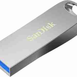 SanDisk Ultra Luxe 512GB flash drive front view Top-down photo of the USB metal finish USB 3.2 connector close-up of Ultra Luxe SanDisk drive on keychain illustration SanDisk 512GB flash in retail packaging Side view highlighting its slim profile