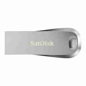 SanDisk Ultra Luxe 512GB flash drive front view Top-down photo of the USB metal finish USB 3.2 connector close-up of Ultra Luxe SanDisk drive on keychain illustration SanDisk 512GB flash in retail packaging Side view highlighting its slim profile