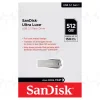 SanDisk Ultra Luxe 512GB flash drive front view Top-down photo of the USB metal finish USB 3.2 connector close-up of Ultra Luxe SanDisk drive on keychain illustration SanDisk 512GB flash in retail packaging Side view highlighting its slim profile