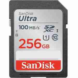 SanDisk Ultra SDXC 256GB Card Front View SanDisk 256GB Memory Card in Packaging High-Speed 100MB/s SanDisk SD Card SanDisk Ultra in DSLR Camera Waterproof Shockproof SDXC Card Class 10 UHS-I SanDisk SD Card