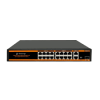 Front view of Secureye 16-port PoE switch with uplink and SFP Rear view showing power inlet and ventilation Side angle of Secureye PoE switch ready for rack mounting Close-up of PoE ports with LED indicators Application diagram with cameras and uplink to NVR/router Internal fan-cooled layout of Secureye switch for high-load environments