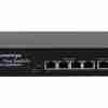 Secureye S-4FE-2UE-LD PoE switch front panel with 6 ports Rear view showing power input of Secureye PoE switch Close-up of port LEDs indicating PoE and link status Side profile of compact metal PoE switch on desk Diagram illustrating 4 PoE cameras plus 2 uplinks setup Top view highlighting ventilation slots and label