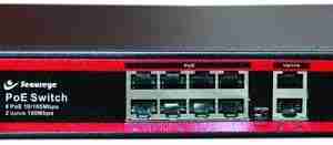Front view of Secureye S-8FE-2GE-LD-NB PoE switch showing 10 ports Close-up of RJ45 PoE ports with LED indicators Rear angle highlighting built-in power socket and metal chassis Diagram of eight IP cameras connected to PoE switch with two gigabit uplinks Side profile displaying fan-less ventilation slots Secureye PoE switch installed in small wall-mount rack