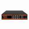 Front view of Secureye S-8FE-2GE-LD-NB PoE switch showing 10 ports Close-up of RJ45 PoE ports with LED indicators Rear angle highlighting built-in power socket and metal chassis Diagram of eight IP cameras connected to PoE switch with two gigabit uplinks Side profile displaying fan-less ventilation slots Secureye PoE switch installed in small wall-mount rack