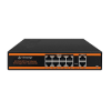 Front panel of Secureye 8-port PoE switch with 2 uplinks PoE indicator LEDs on Secureye S-8FE-2UE-LD-NB Diagram showing 8 IP cameras connected to switch Rear view of Secureye PoE switch power input Wall-mounted Secureye 8-port switch in CCTV setup Close-up of RJ45 ports and VLAN toggle switch