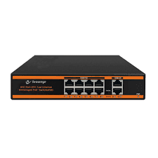 Front panel of Secureye 8-port PoE switch with 2 uplinks PoE indicator LEDs on Secureye S-8FE-2UE-LD-NB Diagram showing 8 IP cameras connected to switch Rear view of Secureye PoE switch power input Wall-mounted Secureye 8-port switch in CCTV setup Close-up of RJ45 ports and VLAN toggle switch
