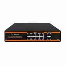 Front panel of Secureye 8-port PoE switch with 2 uplinks PoE indicator LEDs on Secureye S-8FE-2UE-LD-NB Diagram showing 8 IP cameras connected to switch Rear view of Secureye PoE switch power input Wall-mounted Secureye 8-port switch in CCTV setup Close-up of RJ45 ports and VLAN toggle switch
