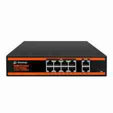 Front view of Secureye S-8GE-2UG-NB showing 8 Gigabit PoE ports Close-up of dual Gigabit uplink ports on Secureye switch AI Extend Mode illustration for long-distance PoE Compact metal switch for secure and professional installation Secureye switch powering IP cameras in surveillance setup Back panel power input and ventilation of S-8GE-2UG-NB