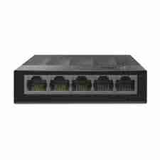 TP-Link TL-LS1005G 5-Port switch front view Compact TP-Link Ethernet switch on desk Back panel showing 5 Gigabit RJ45 ports TL-LS1005G in product packaging Silent fanless desktop switch from TP-Link TP-Link plug-and-play switch setup