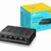 TP-Link TL-LS1005G 5-Port switch front view Compact TP-Link Ethernet switch on desk Back panel showing 5 Gigabit RJ45 ports TL-LS1005G in product packaging Silent fanless desktop switch from TP-Link TP-Link plug-and-play switch setup