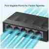 TP-Link TL-LS1005G 5-Port switch front view Compact TP-Link Ethernet switch on desk Back panel showing 5 Gigabit RJ45 ports TL-LS1005G in product packaging Silent fanless desktop switch from TP-Link TP-Link plug-and-play switch setup
