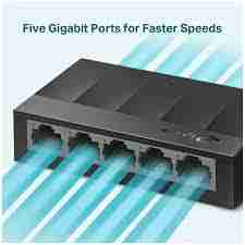 TP-Link TL-LS1005G 5-Port switch front view Compact TP-Link Ethernet switch on desk Back panel showing 5 Gigabit RJ45 ports TL-LS1005G in product packaging Silent fanless desktop switch from TP-Link TP-Link plug-and-play switch setup