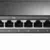 TP-Link TL-SF1009P PoE switch front view TL-SF1009P showing 9 RJ45 ports with PoE labels Compact desktop PoE switch from TP-Link Surveillance switch setup with IP cameras PoE switch back view with power adapter TL-SF1009P wall-mounted installation example