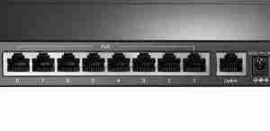 TP-Link TL-SF1009P PoE switch front view TL-SF1009P showing 9 RJ45 ports with PoE labels Compact desktop PoE switch from TP-Link Surveillance switch setup with IP cameras PoE switch back view with power adapter TL-SF1009P wall-mounted installation example