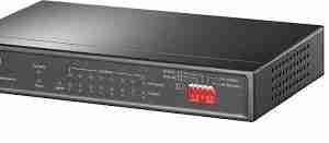 TP-Link TL-SF1009P PoE switch front view TL-SF1009P showing 9 RJ45 ports with PoE labels Compact desktop PoE switch from TP-Link Surveillance switch setup with IP cameras PoE switch back view with power adapter TL-SF1009P wall-mounted installation example