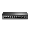 TP-Link TL-SF1009P PoE switch front view TL-SF1009P showing 9 RJ45 ports with PoE labels Compact desktop PoE switch from TP-Link Surveillance switch setup with IP cameras PoE switch back view with power adapter TL-SF1009P wall-mounted installation example