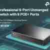 TP-Link TL-SF1009P PoE switch front view TL-SF1009P showing 9 RJ45 ports with PoE labels Compact desktop PoE switch from TP-Link Surveillance switch setup with IP cameras PoE switch back view with power adapter TL-SF1009P wall-mounted installation example