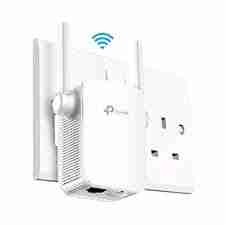 TP-Link TL-RE305 AC1200 extender plugged into a wall socket Rear view of TL-RE305 showing Ethernet port Dual antennas on TP-Link range extender Signal strength LED indicators on TL-RE305 Compact white plug-in range extender design Setup example of TL-RE305 in a home office environment