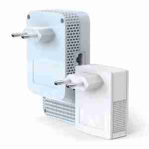 TP-Link TL-WPA7517 KIT front view Powerline adapter plugged into a wall socket TL-WPA7517 Gigabit port close-up TL-WPA7517 kit next to packaging box Wi-Fi clone button being pressed Home with extended Wi-Fi coverage using Powerline